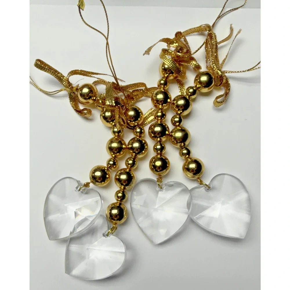 Vtg Lot of 4 Heart Plastic Acrylic Faceted Ornaments Gold Bead Suncatcher As Is
